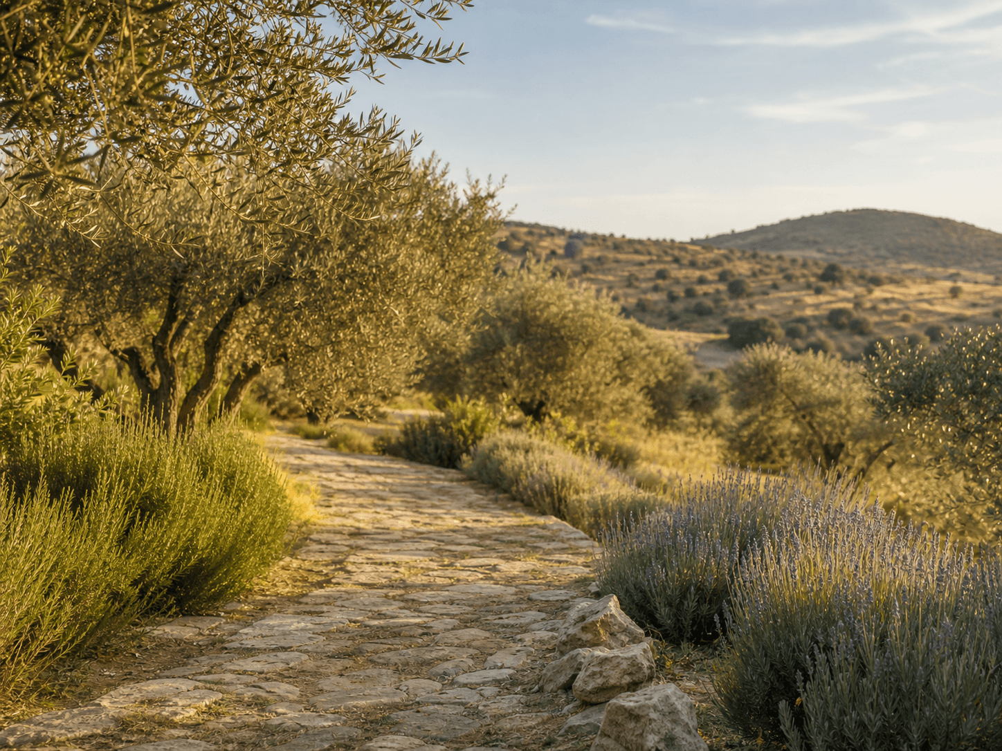 Sonnenbeschienener Natursteinpfad durch Olivenbäume, Lavendel und mediterrane Hügel